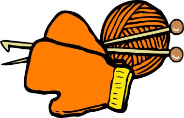 Kahverengi iplik ve iğnelerin yanında turuncu eldivenler