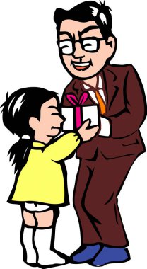 Şirin küçük kız babasına hediye veriyor.