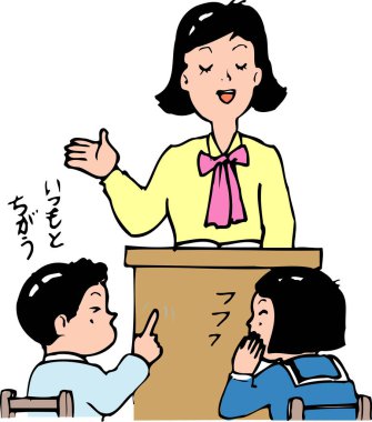 Çizgi film çizimleri, öğretmen ve iki okul çocuğu, erkek ve kız öğrenci 