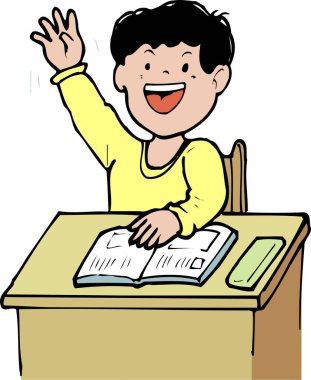 Mutlu çocuk derste el kaldırıyor. 