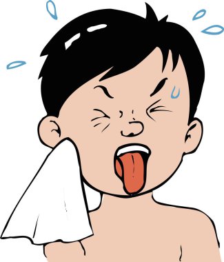 Terleyen çocuk yüzünü havluyla siliyor.