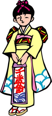 Beyaz arka planda bir kimono giyen karikatür kızı.