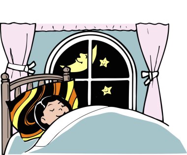 Yatakta uyuyan kız. karikatür çizimi 