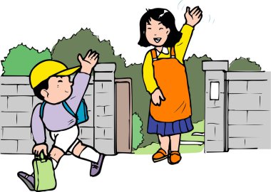 Kadın kapıda gülümserken çocuk el sallıyor.