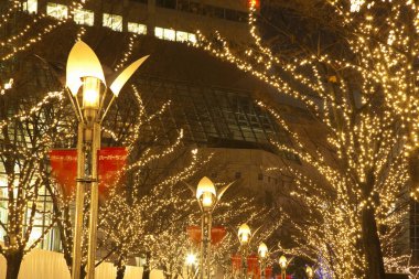 Noel desortaiyonları ağaçlarda, gece vakti çelenklerle    