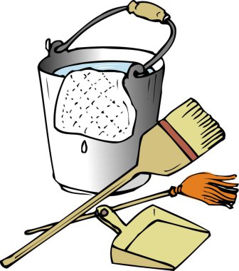 Süpürge ve kovayla su dolu karikatür resmi 