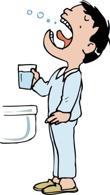  Çizgi filmdeki adamın banyo odasında gargara yapması. 