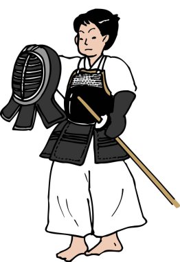 Bir kask ve bambu kılıcı tutan bir Kendo sporcusu Japon dövüş sanatını resmediyor..