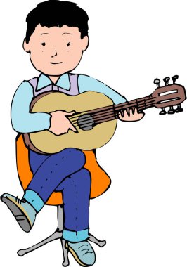 Beyaz arka planda akustik gitar çalan bir çocuğun çizgi filmi.