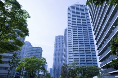 Şehir merkezinde yeşil yapraklı ağaçların arasından yükselen modern gökdelenler.