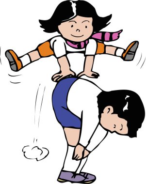 İki kızın egzersiz yaptığı çizgi film, kızın erkeğin üzerinden atladığı. 