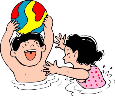 Mutlu çizgi film çocukları denizde top oynuyorlar.