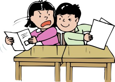 İki çocuk masalarında oturmuş gazete okuyor.