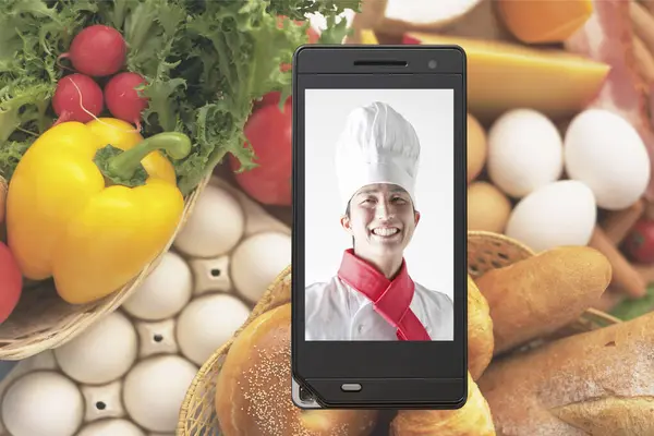 アジアのチーフ 食べ物 食事のコンセプトの背景をイメージした電話スクリーン — ストック写真