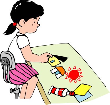 Masada oturmuş renkli kağıt işçiliği yapan bir kız.