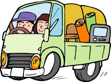 Çizgi filmdeki adam ve çocuk araba kullanıyor.