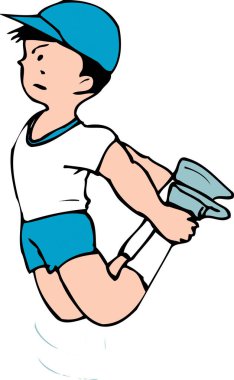 Beyaz arka planda izole edilmiş, atlayan çizgi film çocuğu. 