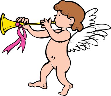 Kanatlı bir melek trompet çalıyor, beyaz arka planda illüstrasyon.