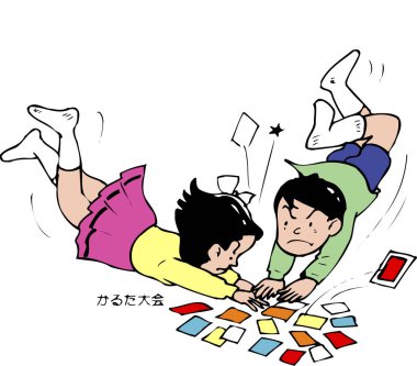 Çocuklar oyun sırasında renkli kartlarla tartışıyorlar. 