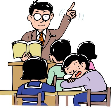 Öğretmenler kitap okurken öğrenciler dinliyor ve uyuyor.