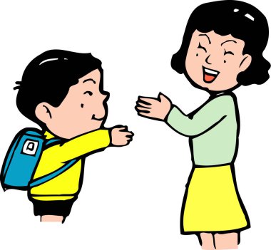 Sırt çantalı bir çocuk ve evde bir anne resmi.