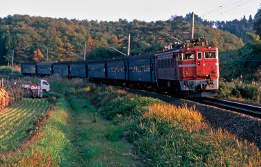 Tren, Japonya 'da yeşil çimlerle birlikte doğa arka planında ilerliyor.