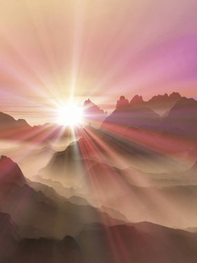 Dağların üzerinde gün batımı, güzel manzara.