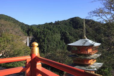 Nachi düşer ve üç hikaye pagoda Seiganto Ji: Wakayama, Japan