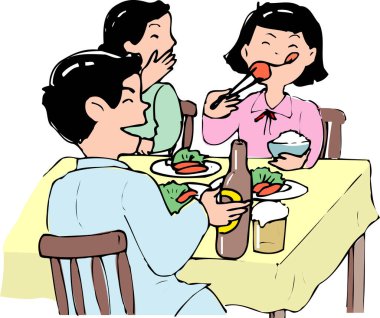 Masada birlikte yemek yiyen üç kişi.