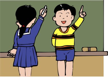 Sınıfın yanında duran iki çocuk.