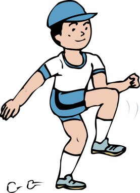 Beyaz arka planda izole edilmiş, koşan bir çocuğun çizgi film çizimi 