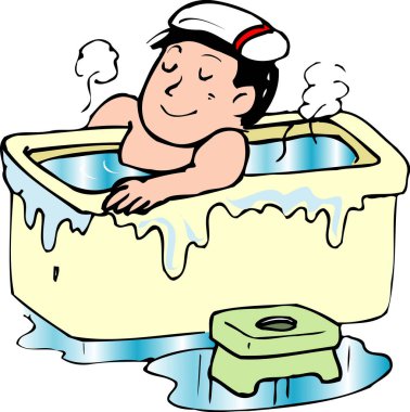 Genç bir adamın banyo yaptığı bir karikatür çizimi..