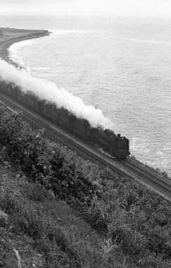 buharlı tren deniz kıyısında ilerliyor. 