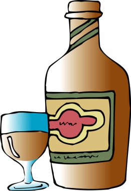 Bir şişe şarap ve dolu bir bardağın çizgi roman çizimi.