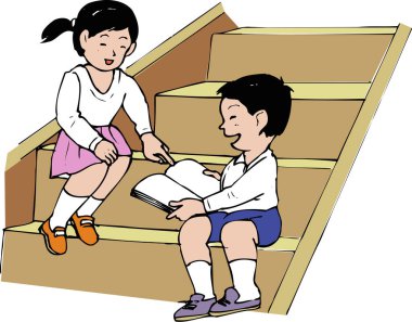 Merdivenlerde kitap okuyan bir kız ve erkek çocuğu.
