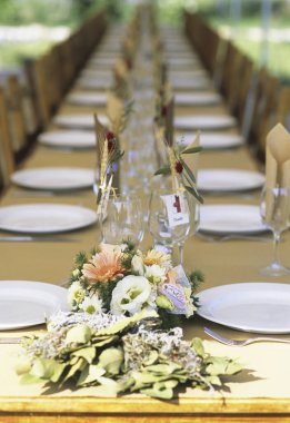 Çiçekler, tabaklar ve bardaklarla servis edilen güzel masa, yakın plan.        