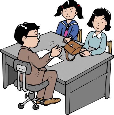 Beyaz arka planda izole edilmiş renkli illüstrasyonlu iki kız öğrencili erkek öğretmen.