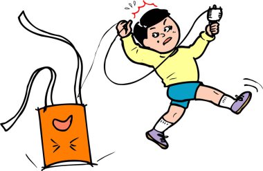 Tüylü bir torbadan elektrik şoku alan ürkmüş bir çocuk güvenlik uyarısı yapıyor..