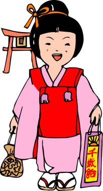 Kimono giymiş gülümseyen kadın bir Japon çocuğu, bir çanta ve kağıt parşömen tutuyor, bir Shinto festivalini resmediyor..