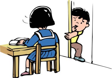 Oğlan kapı aralığında kızı ders çalışırken izliyor.