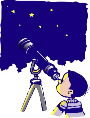 Teleskopla yıldızlara bakan bir çocuğun çizimi 