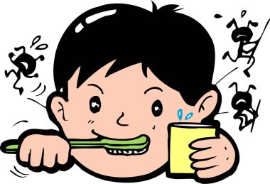 Sarı bardak tutan, dişlerini fırçalayan genç çocuk.