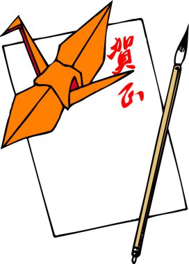 Kaligrafi fırçasıyla boş bir kağıt parçasındaki turuncu origami turnası yaratıcı bir meşgaleyi gösteriyor..