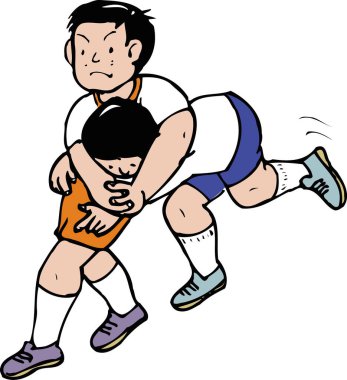 Çizgi film çocukları renkli spor üniformalar giyerek güreşiyor.