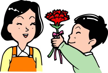 Gülümseyen çocuk kadınlara kırmızı çiçekler veriyor.