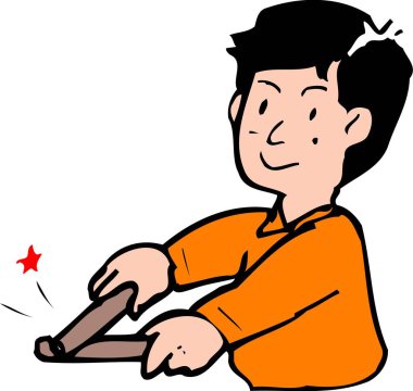 Turuncu gömlek giyen gülümseyen çocuk sapan kullanıyor.