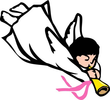 Beyaz arka planda trompeti olan bir melek tasviri