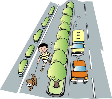 Arabalar, çocuklar, köpekler ve yeşil ağaçlarla yol trafiğinin renkli bir çizimi 