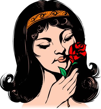 Kırmızı gül resimli güzel bir kadın.