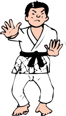 Karate yapan Asyalı bir adamın karikatür çizimi